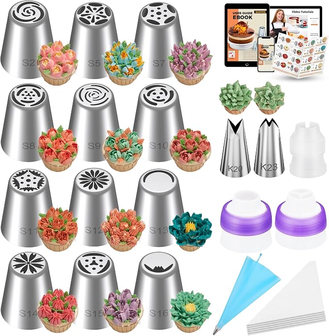 Kootek 48 Russian Piping Tips Set Frosting Piping Kit for Beginners & Pros | Piping Bags and Tips Set, Cake Decoarting Supplies Kit, 12+2 Piping Tip, 30+1 Pastry Bags, for Cupcake Cookie Cake Decorating