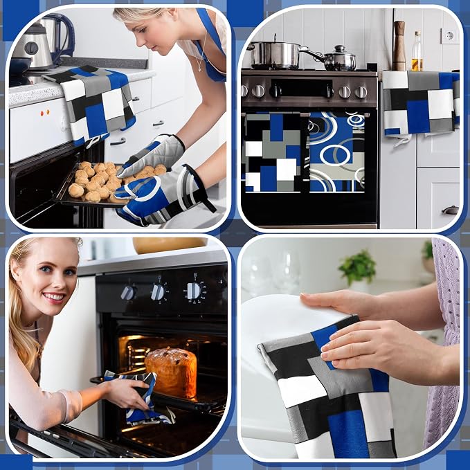 Jingmore 6 Pcs Kitchen Decor Set Accessorie Farmhouse Kitchen Towels Pot Holders Oven Mitts Set 2 Dish Towels 2 Pot Holders 2 Cooking Mittens Oven Glove for Cooking(Blue and Black,Geometric)