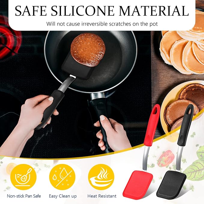 Silicone Cookie Spatula Turner 2 Pack Mini Brownie Spatula Flexible Kitchen Small Silicone Turner for Nonstick Cookware Heat Resistant No Scratch Flipper for Egg(Solid Flat,Black, Red)