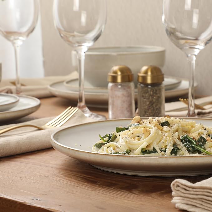 Gibson Elite White Sands Plates and Bowls Sets, 12-Piece Stoneware Dinnerware Sets, Reactive Glaze Dish Set - Moonstone White
