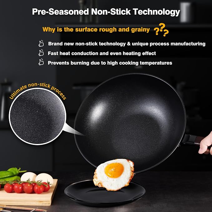 Teewe Carbon Steel Wok -13 Inch Woks & Stir-fry Pans Nonstick, Wok Pan with Glass Lid Spatula and Dish Brush: Pre-Seasoned Flat Bottom Chinese Wok for Induction, Electric, Gas, All Stoves
