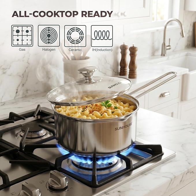 SUNHOUSE 1.5 QT Sauce Pan with Lid & Pour Spouts, Tri-Ply Base | Small 18/10 Stainless Steel Pot & Milk Pan with Cover - Induction Compatible - PFOA Free, Dishwasher Safe