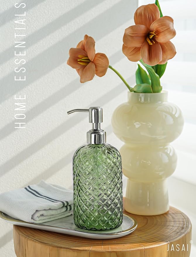 JASAI 18Oz Tea Green Soap Dispenser with Rust Proof Pump | Refillable Glass Soap Dispenser for Bathroom & Kitchen to Dispense Dish Soap, Hand soap, liquid Soap, Lotion.