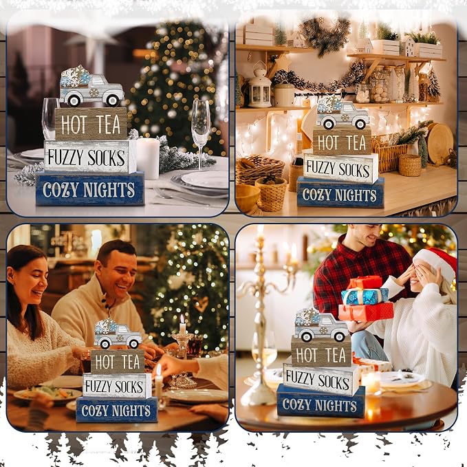 Lineshading 4 Pcs Snowflake Truck Tiered Tray Decor Wooden Block Signs | Rustic Farmhouse Style, HOT TEA FUZZY SOCKS COZY NIGHTS Text, Winter Seasonal Home Accents for Shelves Mantels Tabletops