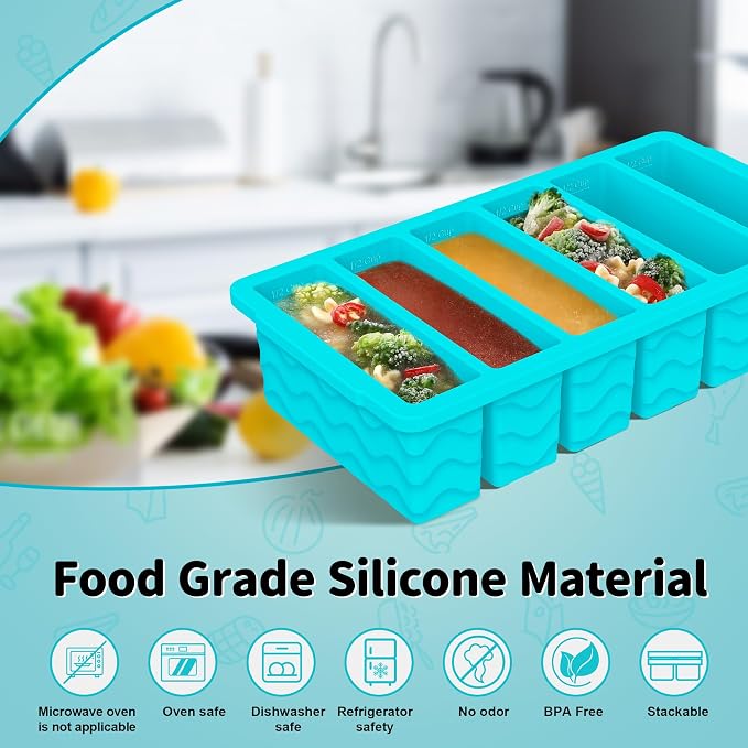 4-Pack Silicone Freezer Trays with Lid, Soup Freezer Container Molds | Large 2-Cup(500ml), Small 1/2-Cup (125ml), BPA Free, Freezer Tray for Soup, Stews, Sauces, Meal Prep, Broth, Leftovers