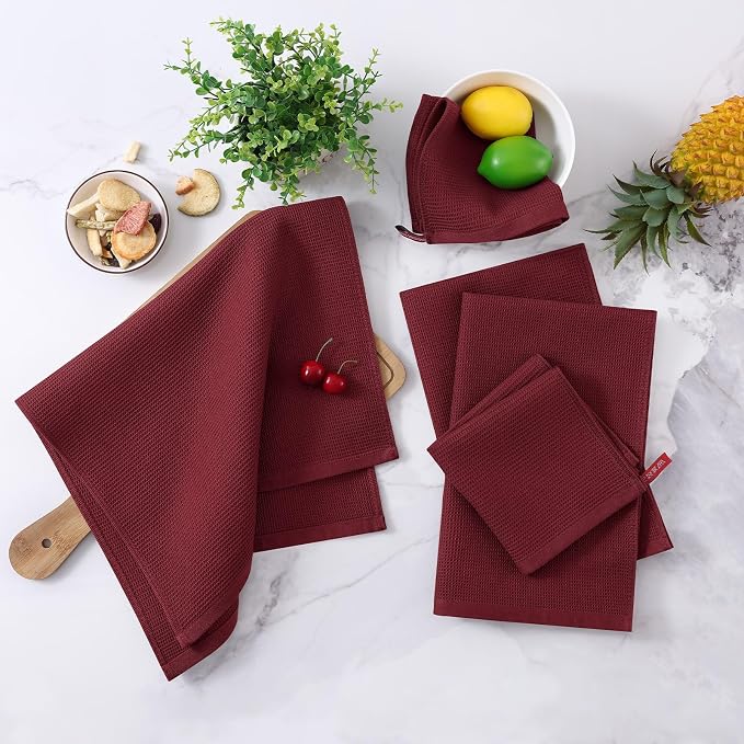 Homaxy 100% Cotton Waffle Weave Dish Cloths, 6 Pack, Burgundy | Soft and Absorbent Dish Towels, 12 x 12 Inches Quick Dry Dish Rags