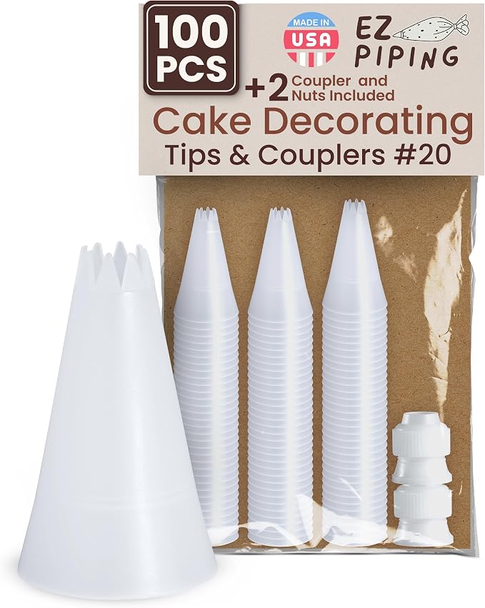 Reusable Plastic Piping Tips, Nozzles Standard Size Star Tip #20 (100pcs) | EZPiping Icing Nozzles with 2 couplers for Cake Decoration and Dessert Design, Baking Supplies Base Ø 0.75" Height 1.25"