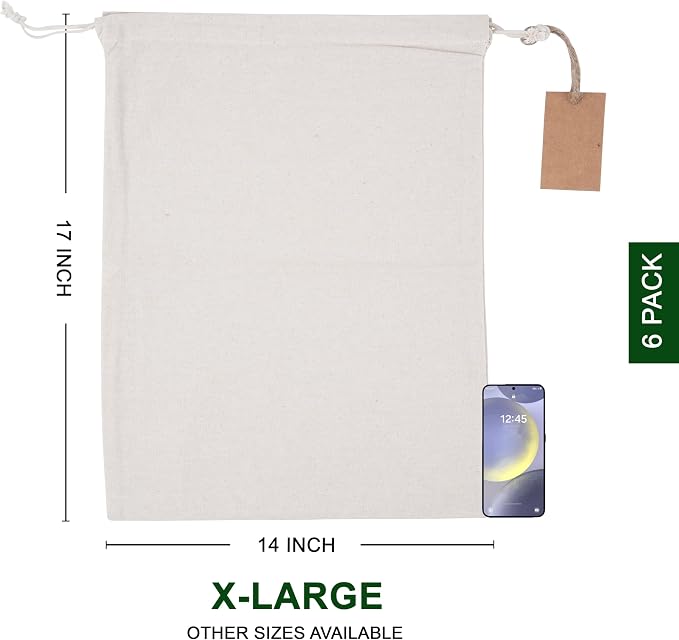 Marubhumi Cotton Storage Bags with Drawstrings X-Large 14x17 Multipurpose 6 Pcs Muslin Bulk Flour Sack Bags Food Produce Natural Potato Onion Bag