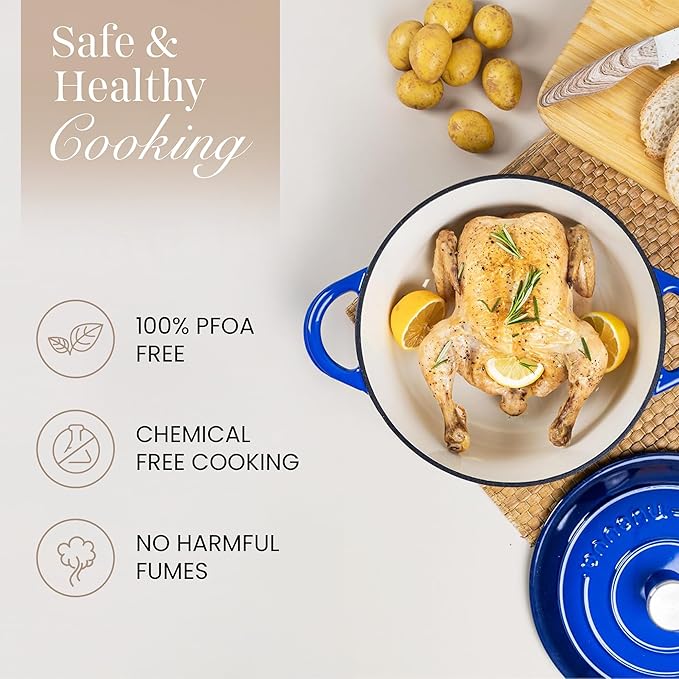 Cast Iron Dutch Oven with Lid - Non-Stick Ovenproof Enamelled Casserole Pot - Sturdy Dutch Oven Cookware - Dark Blue, 7.3-Quart, 30cm - by Nuovva