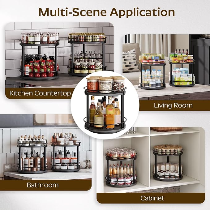 Spice Rack, Set of 2 Lazy Susan Organizer, 2-Tier Turntable Organizer, Rotating Spice Rack Organizer For Cabinet, Compact and Versatile, for Kitchen Countertop, Rustic Brown SR22L2BR