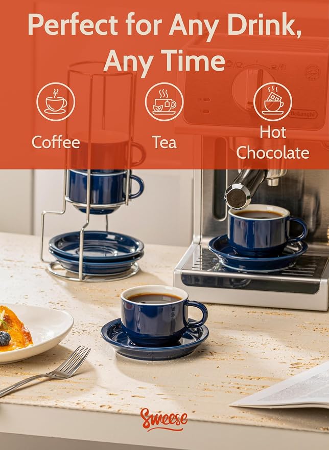 Sweese 8 Ounce Porcelain Stackable Cappuccino Cups with Saucers and Metal Stand - for Specialty Coffee Drinks, Cappuccino, Latte, Americano and Tea - Set of 4, Navy