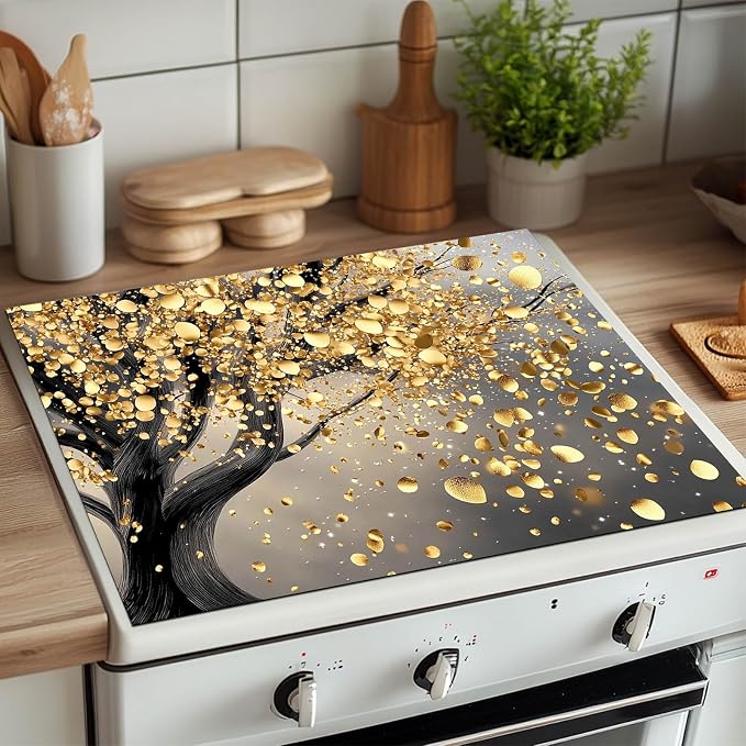 HOMETITUTE Golden Breeze Tree Stove Top Cover 28x20 Gold Leaf Diatomite Mat