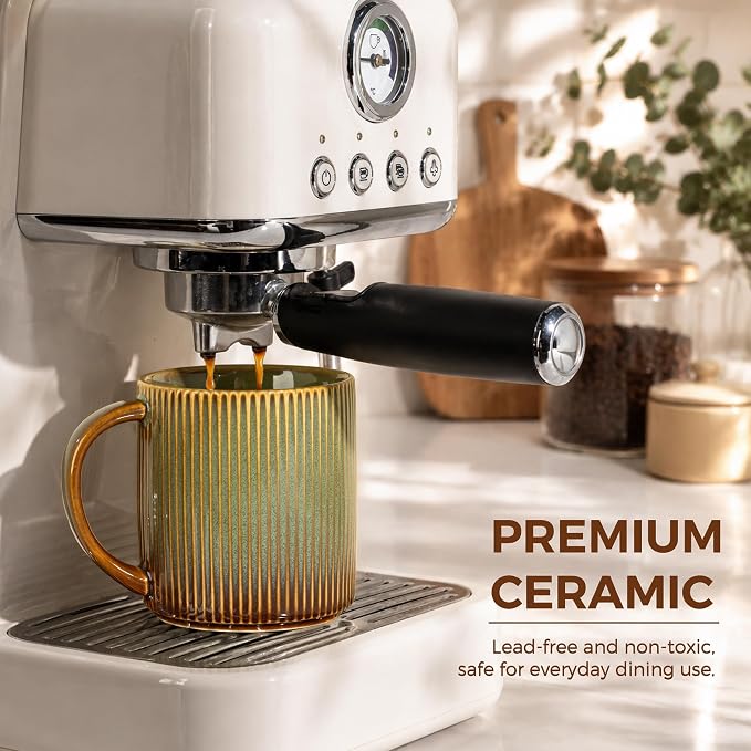theterra Ceramic Coffee Mugs Set of 6, 14.2 oz Coffee Cups with Handle | Handmade, Suitable for Latte, Tea, Milk, Beer & Hot Cocoa, Sage Umber