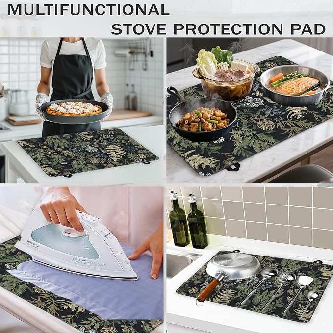 Green Leaves Glass Top Stove Cover Protector,Summer Forest Berry Heat Resistant Stove Top Cover, Large Size Range Covers for Electric Stove Countertop Mat, 28 x 20 Inch