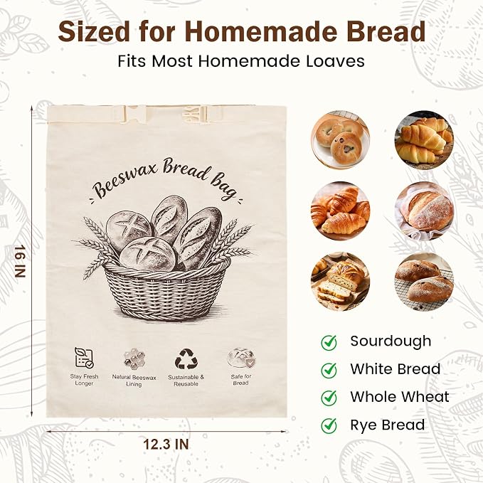 Beeswax Bread Bag with Loaf Label Holder & Reusable Writable Card | Included User Manual & Care Instructions,Waterproof Zipper Closure,Roll-Top Buckle Design,Sourdough Homemade Bread Storage