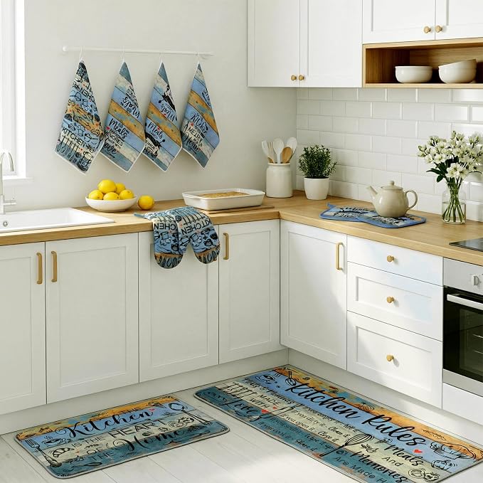 Fourluoo 10 Pcs Farmhouse Kitchen Decor and Accessories Dusty Blue Oven Mitts and Pot Holders Sets Vintage Dish Towels Rustic Kitchen Rugs and Mats for Home Decor Baking Cooking Birthday Summer Gifts