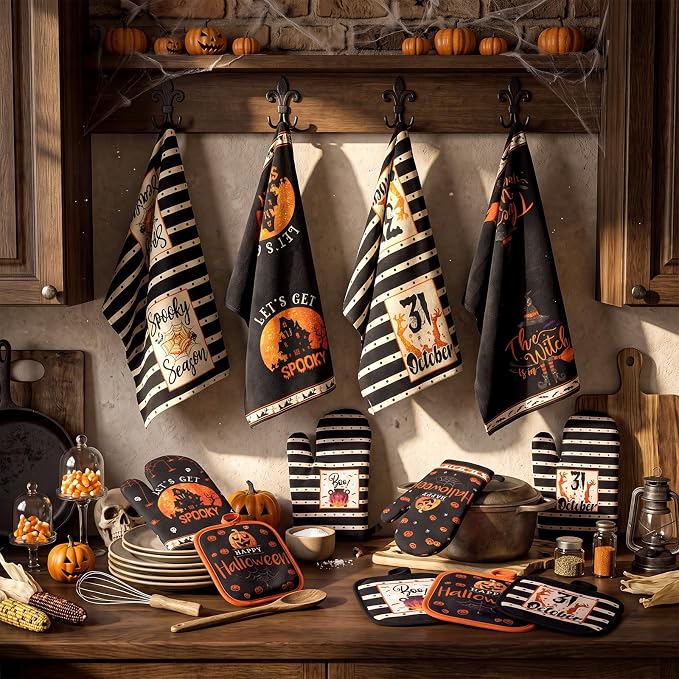 SiliFine 12 Pcs Halloween Spooky Kitchen Accessories Set Pumpkin Witch Pot Holders Ghost House Oven Mitts Spider Bat Kitchen Towels for Halloween Home Decorations, Cooking Baking