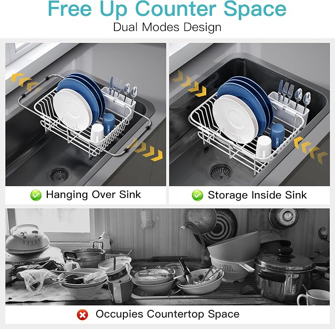 JASIWAY White Dish Drying Rack in Sink with Utensil Holder, RV, Apartment | Over Sink Expandable Stainless Steel Dish Drainers for Compact Kitchen, Space Saving, Fast Drain, Rustproof, For 1-2 people