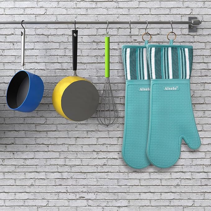 Alselo Silicone Oven Mitts Set, Heat Resistant 550 Degree,7.5"x16" | Extra Long Kitchen Mittens,Waterproof & Non-Silp Oven gloves for Baking Cooking Barbecue Microwave (Extra Long Blue, 2)