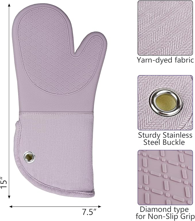 Professional Microwave Silicone Oven Mitts one Pair, Kitchen Mitten Set | Heat Resistant with 500 Degrees Oven Gloves Pot Holder for BBQ Cooking Baking (Purple)