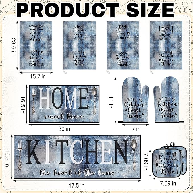 10 Pcs Kitchen Decor and Accessories Set, Rustic Country Blue | Vintage 4 Dish Towels Kitchen Rugs 2 Oven Mitts 2 Pot Holders, Home Decor for Cooking Baking BBQ Gifts Women Mom Housewarming