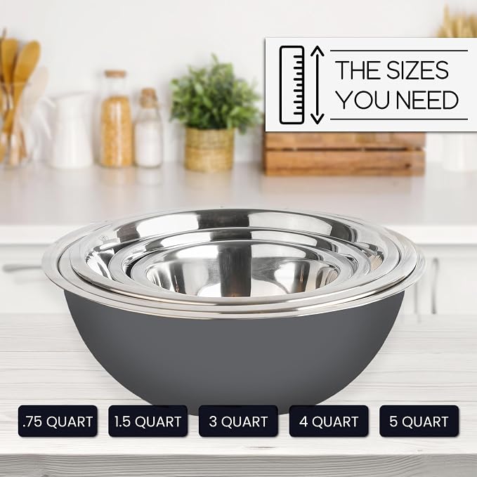 WHYSKO Stainless Steel Mixing Bowls Set, 5-Piece Meal Prep & Food Storage | .75, 1.5, 3, 4 & 5 Quart Metal Mixing Bowls Set for Prep, Serving, Baking & Food Storage, Ecofriendly, Dishwasher Safe, Grey