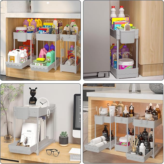 3-Pack 2-Tier Under Sink Organizers with Sliding Drawers | Multi-use kitchen & bathroom storage, 12.8 inch gray cabinet organizer, space-saving sliding drawer design.