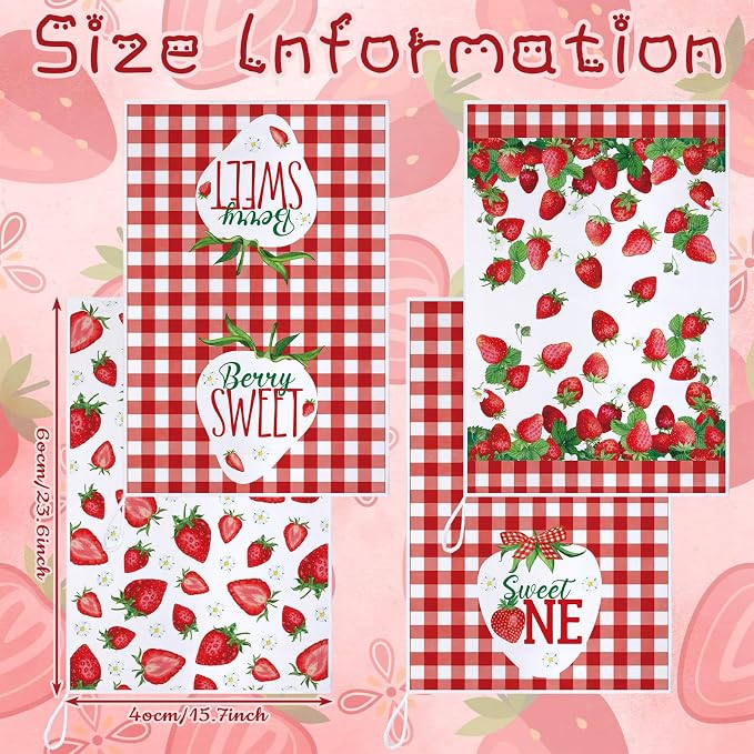 4 Pcs Strawberry Kitchen Towels Berry Hand Dish Towels Gift | Absorbent White Red Grid Tea Towel Fast Drying Housewarming Gift for Kitchen Bathroom Holiday Summer Strawberry Party Decor