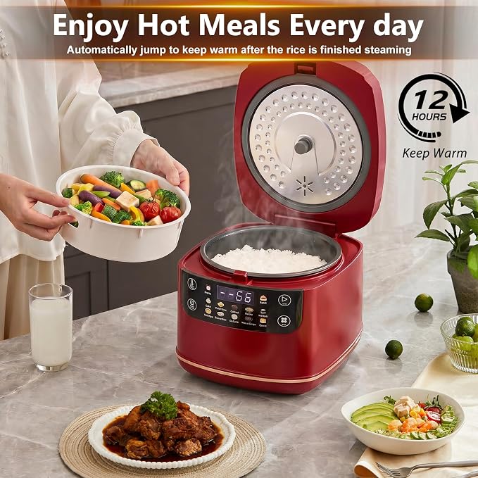 Portable Digital Rice Cooker, 6-Cup (Uncooked)/12-Cup (Cooked) Small Rice Maker with Steaming Basket, Mini Rice Cooker with 2L Removable Nonstick Inner Pot, 10 Menu Options, Auto Keep Warm, 24 Hour Delay Timer (Dark Red)