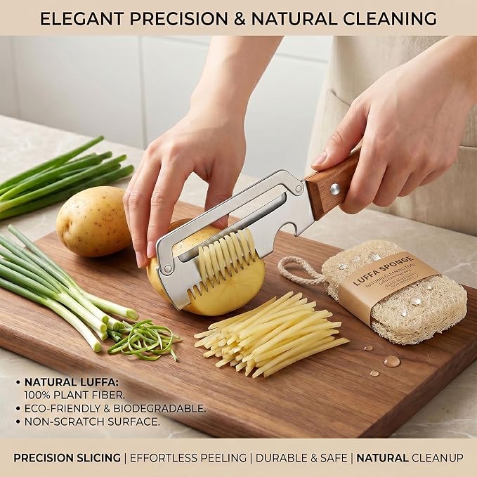 3-in-1 Vegetable Peeler and Julienne Shredder, Combo Pack | Stainless steel 3-in-1 peeler with wood handle, bottle opener and natural loofah sponge for vegetables, scallions and prep.