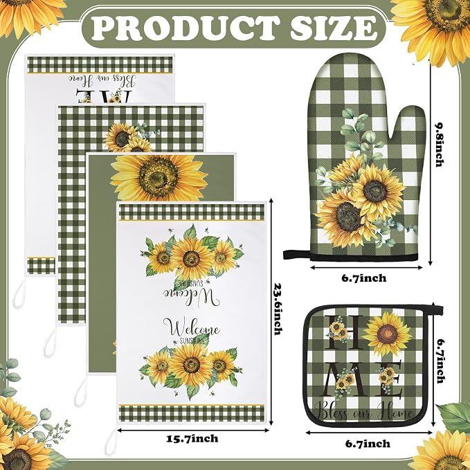 Leinuosen 8 Pcs Sunflower Green and White Checkered Kitchen Towels and Dishcloths Sets Pot Holders and Oven Mitts Sets Absorbent Kitchen Gloves Potholders Heat Resistant for Chef Baking Cooking