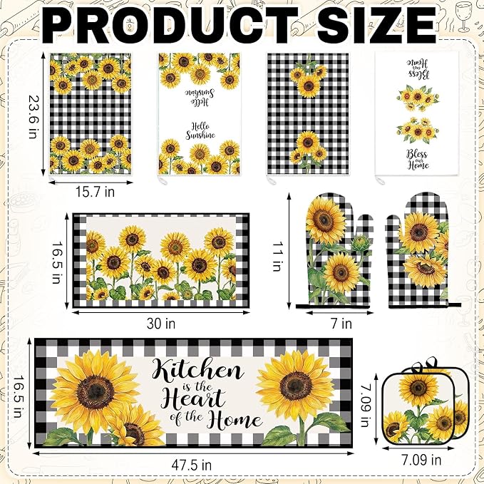 10 Pcs Kitchen Decor and Accessories Set, SunflowerRustic Botanical | Floral 4 Dish Towels Kitchen Rugs 2 Oven Mitts 2 Pot Holders, Home Decor for Cooking Baking BBQ Gifts Women Mom Housewarming