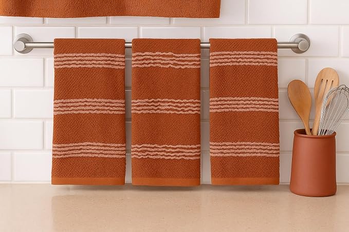 Terracotta Orange Rust Kitchen Dish Towels, 3 PC, 100% Cotton, 18" x 28" | Modern Farmhouse Textured Stripe Weave, Oversized Dish Cloth, Soft & Absorbent, Quick Dry, Multipurpose Everyday Use