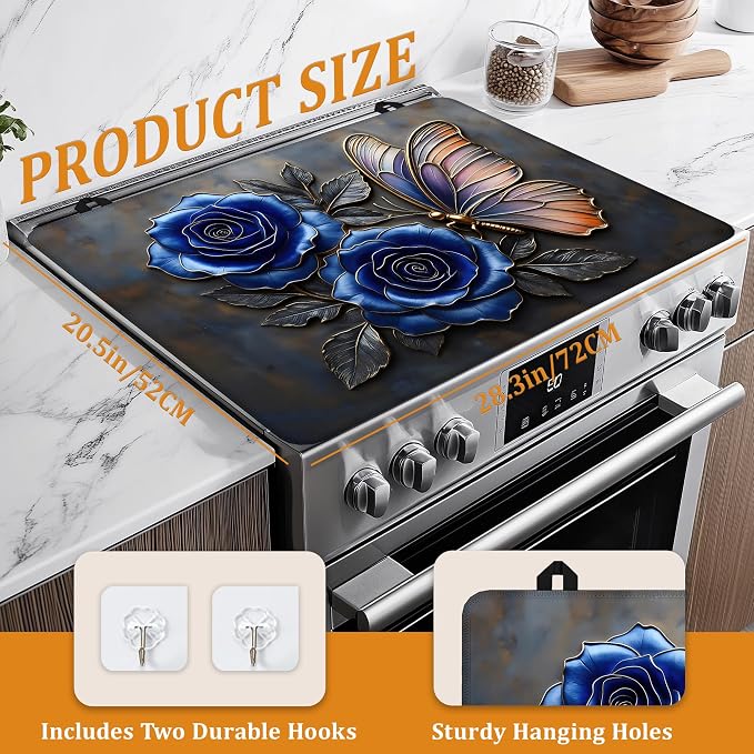 Stove Top Covers for Electric Stove,Blue Rose Flower Flat Top Stove Cover,Retro Butterfly Heat Resistant Glass Top Stove Cover Protector Anti-Slip Range Covers, 28 x 20 Inch