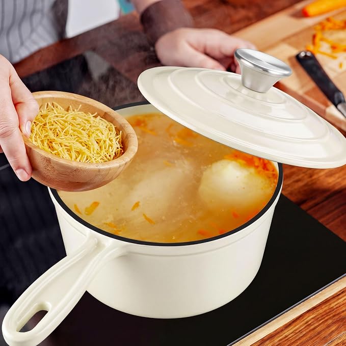 Leonyo 1Qt Enamel Cast Iron Sauce Pan, Induction Cooking Pots, Cream White | For All Kitchen Cooktops Cooking Baking Bread, Soup, Ramen, Up to 500°F & 4.4Lbs