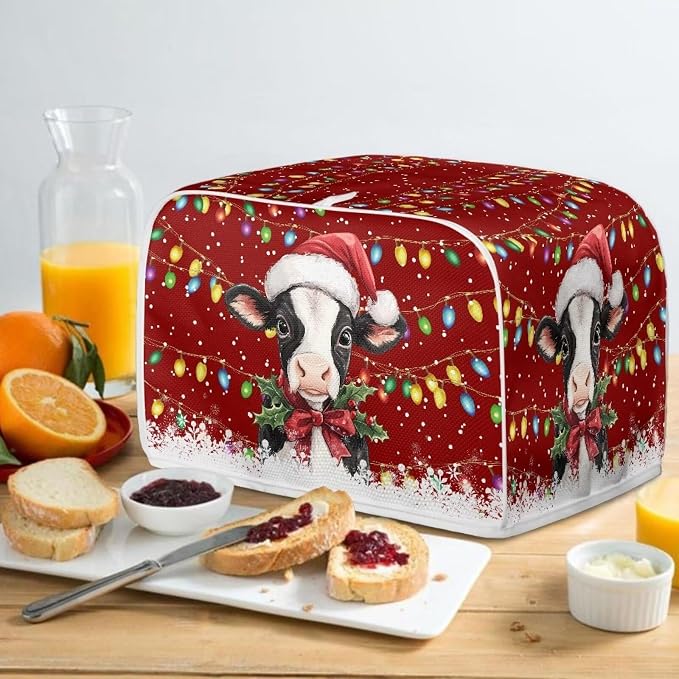 Christmas Cow Print Toaster Cover 2 Slice Bread Toaster Oven Dustproof Cover, Waterproof Kitchen Small Appliance Cover Table Home Kitchen Xmas Decor