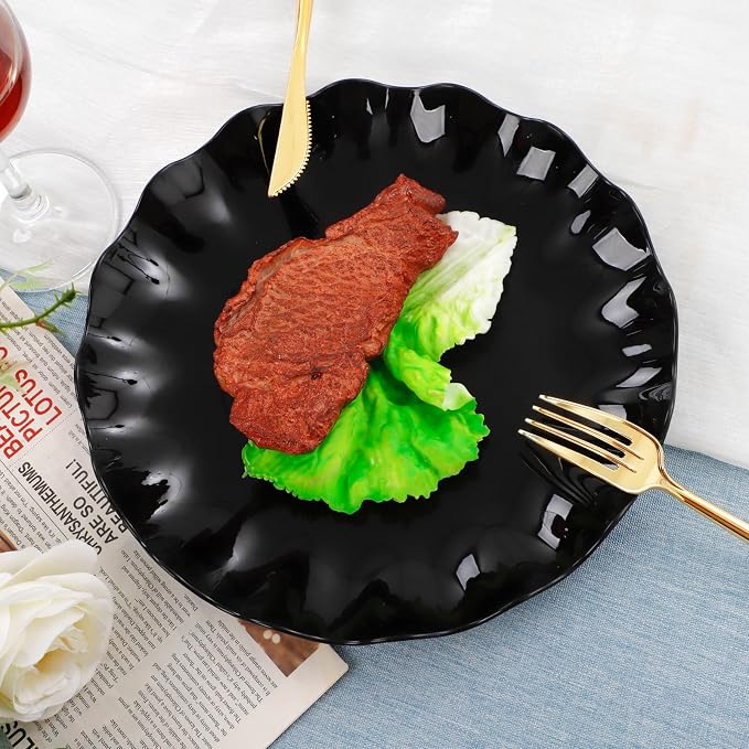 LIYH 24 Pcs Black Reusable Plastic Plates – Unbreakable Camper Dishes, Dishwasher Safe Dinner Plate Dessert Plates, Scalloped Design - Ideal for Parties, Picnics 12Guests