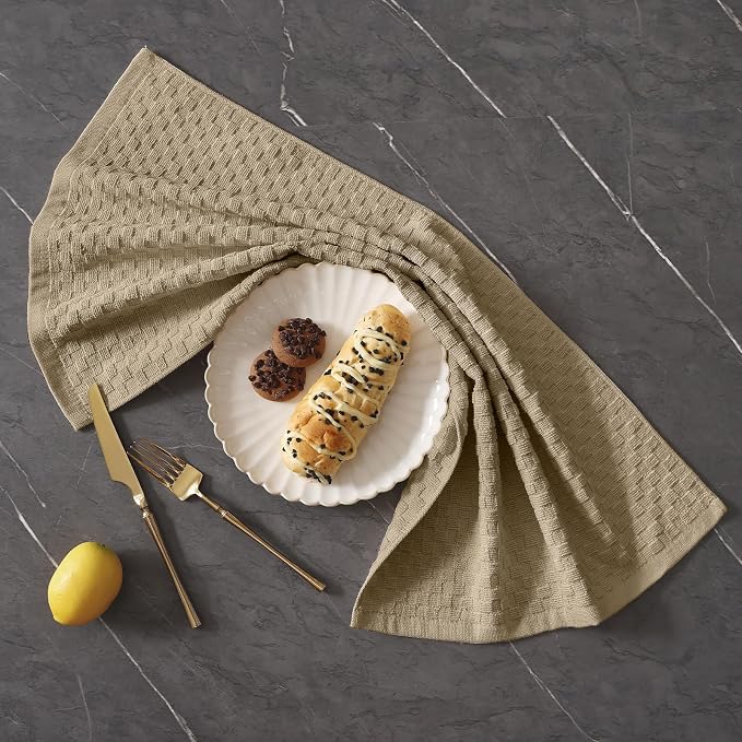 Homaxy 100% Cotton Terry Kitchen Towels(15" x 25", 8 Pack), Tan | Soft and Super Absorbent Dish Towels, 380 GSM Reusable Tea Towel with Hanging Loop, Pineapple Grid Designed