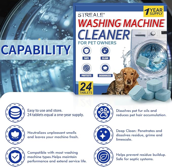 Washing Machine Cleaner Tablets for Pet Owners -24Pack, Deep Clean Descaler,Tackles Cat & Dog Hair,Freshens Odors & Laundry Detergent Residue,Septic Safe,HE Top &Front Load Washer-1Year Supply