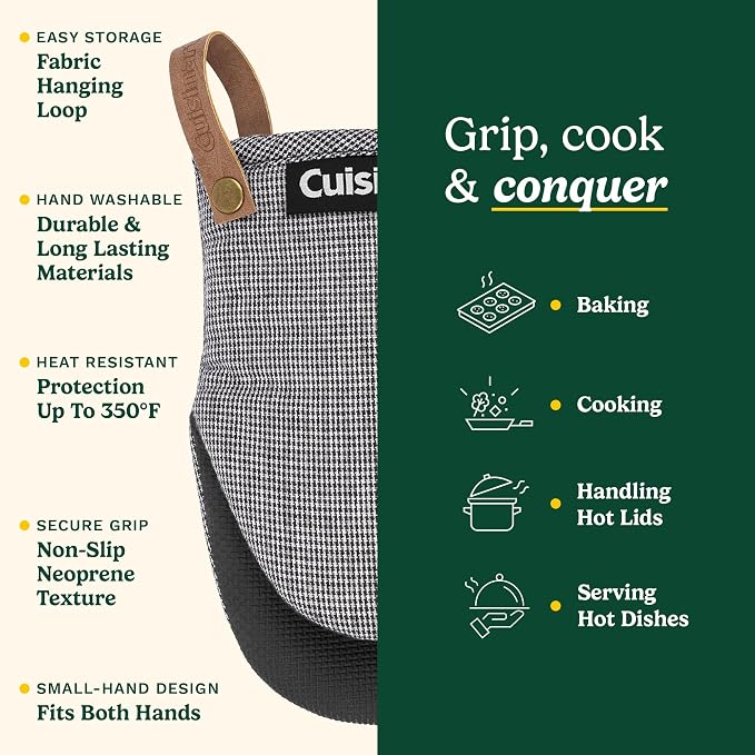 Cuisinart Heritage Mini Oven Mitts, 2-Pack, Neoprene, Heat Resistant 350F | Cotton-lined, non-slip neoprene palm, ambidextrous design, leather hang loop, ideal for smaller hands and everyday cooking