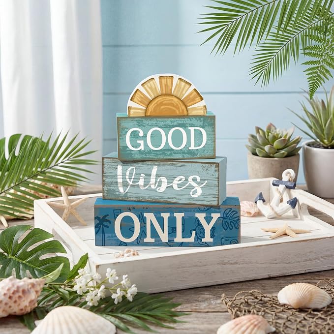 Lineshading 4 Pcs Summer Beach Table Decor Good Vibes Only Wooden Sunshine | Rustic Wooden Coastal Style, California Beach Vibes, Tiered Tray Centerpiece for Living Room, Positive Message Display