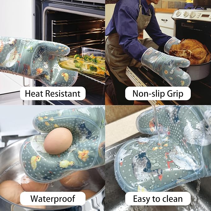 Oven Mitts Set of 2 with Transparent Clear Silicone Shell and Nice Duck Printing Cotton Lining, Heat Resistant to 500 F Kitchen Oven Gloves Pot Holder for Cooking (Wathet Blue, Oven Mitts)