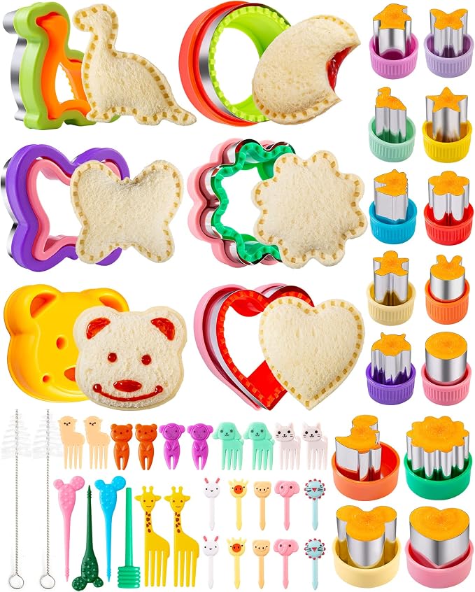 Sandwich Cutters for Kids Lunch 48 Pcs | Cookie Cutters Set, Vegetable Fruit Cutters Shapes, Stainless Steel, Biscuit Cutters, Dinosaur Mouse Heart Star
