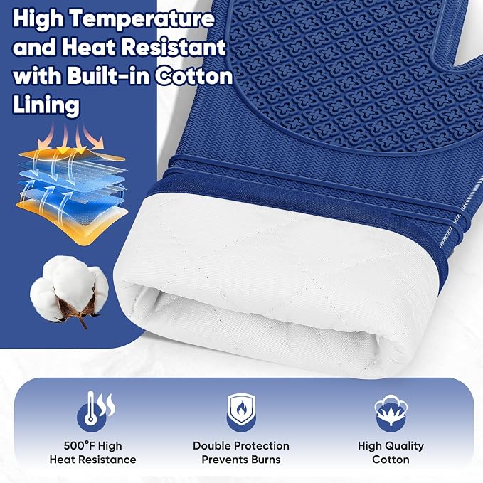 Silicone Oven Mitts, Heat Resistant Oven Gloves with Quilted Liner, Waterproof & Non-Slip Kitchen Mittens for Baking Cooking BBQ, 500°F, 12.5"-Madnight Blue