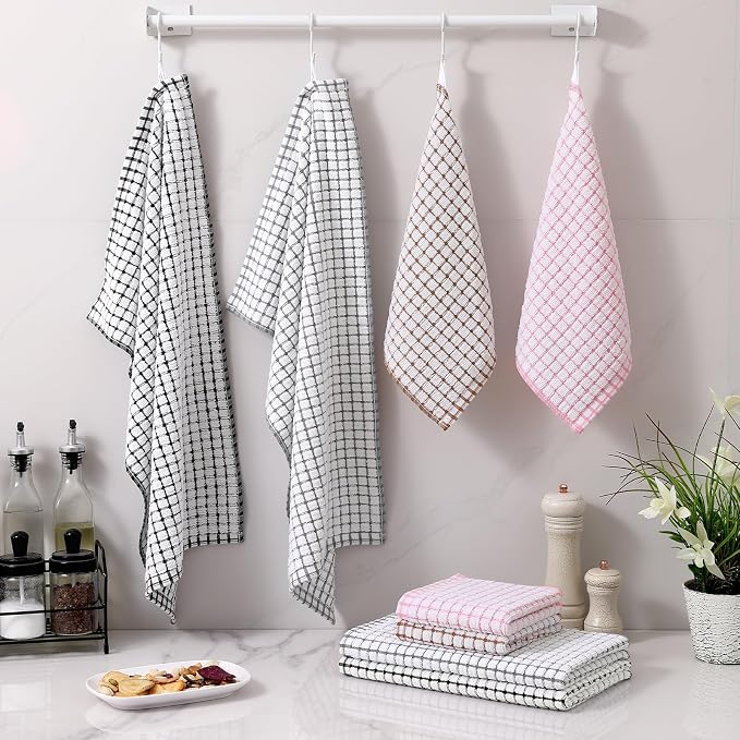 Homaxy Kitchen Towels and Dishcloths Set, Set of 8, Black/Grey/Pink/Brown | Cotton Terry Kitchen Dish Towels, Super Soft and Absorbent Dish Cloths, 16 x 25 and 12 x 12 Inches