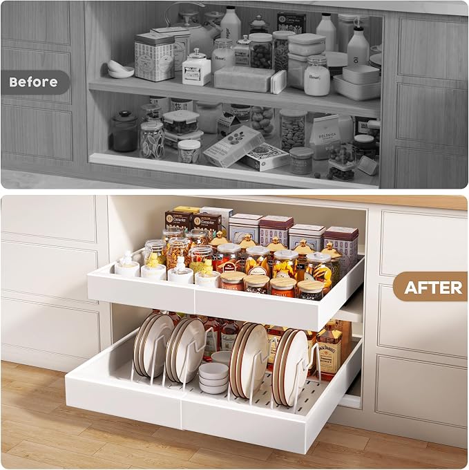 Seinloes 2Pack Pull out Cabinet Organizer 21"Deep with 4 Adjustable Dividers,Expandable（12.1"-20.4"W） Pots and Pans Organizer Under Cabinet with Raising Pad for Framed Cabinets,Slide out Drawers,White
