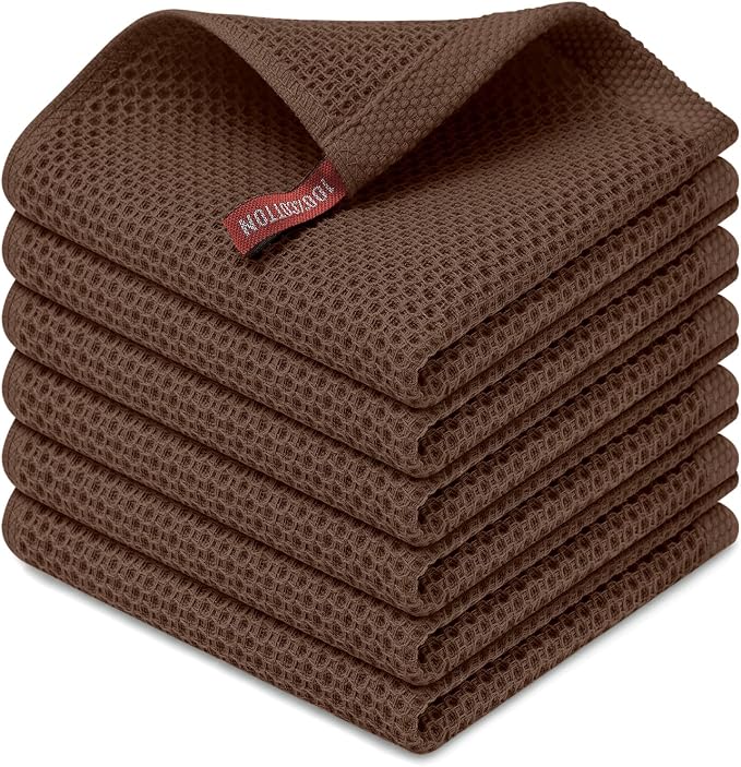 Kitinjoy 100% Cotton Waffle 6-Pack Kitchen Towels, 12" x 12", Coffee | Ultra Absorbent, Super Soft, lightweight, Quick Drying Dish Rags for Washing Dishes