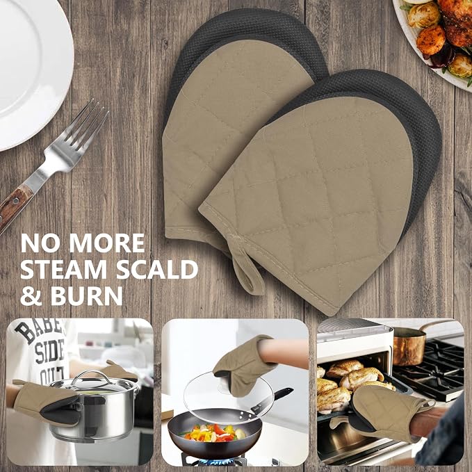 1 Pair Short Oven Mitts - Silicone Kitchen Oven Gloves High Heat Resistant 500℉, Mini Oven Mits with Non-Slip Grip Surfaces and Hanging Loop for BBQ, Baking, Cooking and Grilling (Coffee)