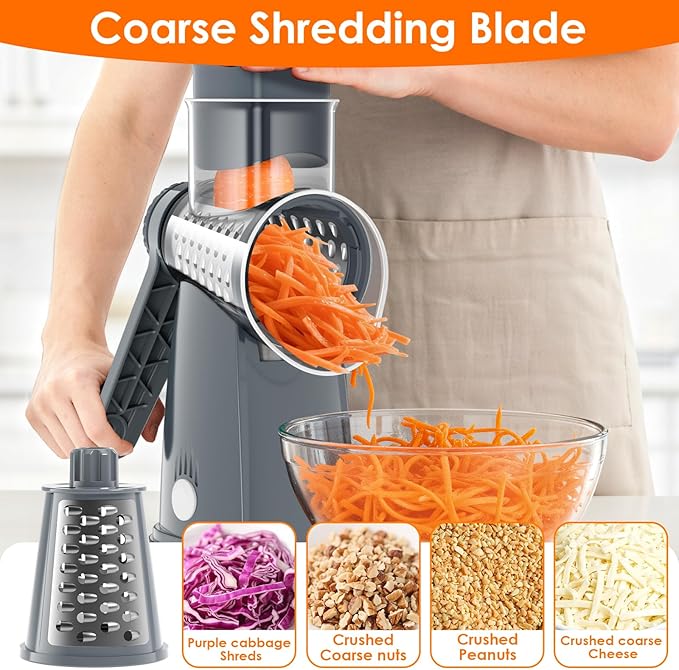 MealHelper 5 Blade Rotary Cheese Grater Hand Crank with Storage Box, Vegetable Chopper, Cheese Shredder for Cheeses, Veggies, Nuts - Easy to Use, Non-slip Suction Base, Gray
