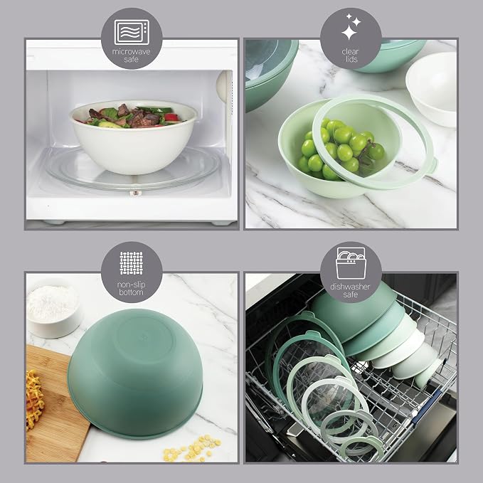 COOK WITH COLOR Mixing Bowls with Lids - 12 Piece Plastic Nesting Bowls Set includes 6 Prep Bowls and 6 Lids, Microwave Safe Mixing Bowl Set, Sage Tritan Lid